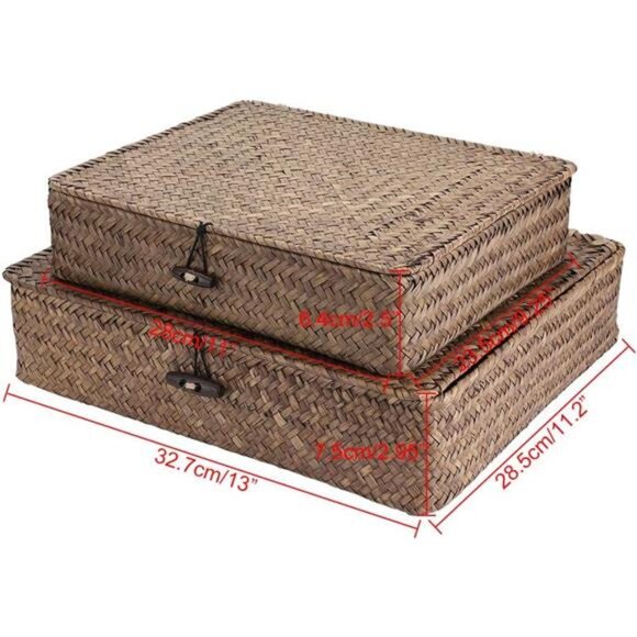 Set of 2 Flat Woven Wicker Storage Bins with Lid Natural Seagrass Basket - Picture 5 of 7